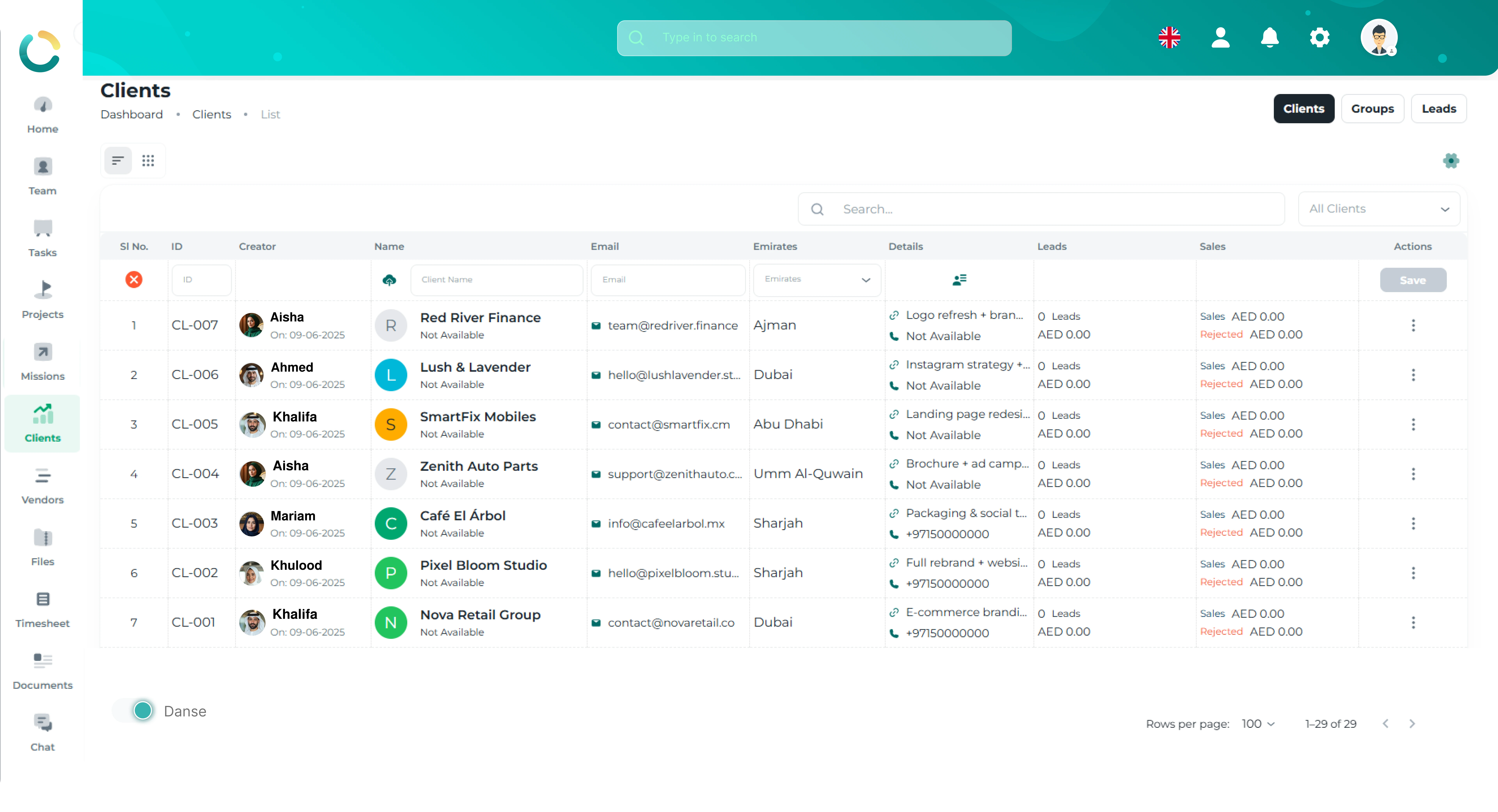 TAIRRAGO Client Management Dashboard